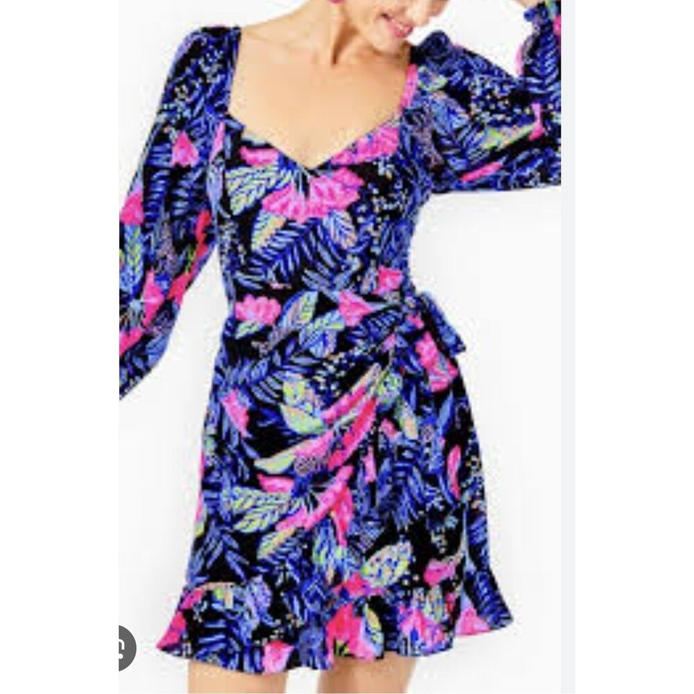 Lilly Pulitzer Women  Sz 2 Faux Wrap Mini Dress Floral Print Long Sleeve Ruffle